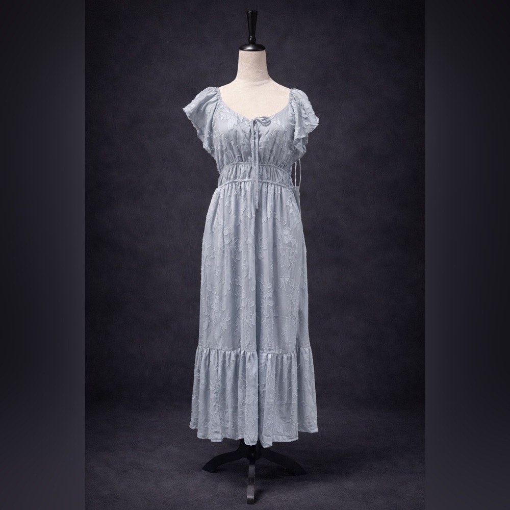 Soft Blue Textured Flutter Sleeve Midi Dress